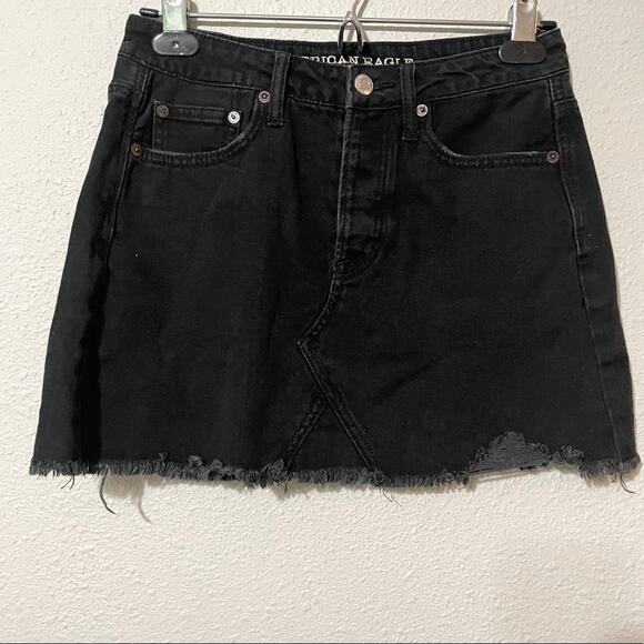 American Eagle Outfitters Dresses & Skirts - American Eagle Black Distressed Denim Cut Off Skirt 2 Button Fly
